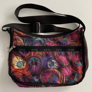 LeSportsac Peacock Feather Masquerade Bag Shoulder Crossbody Rainbow Pockets
